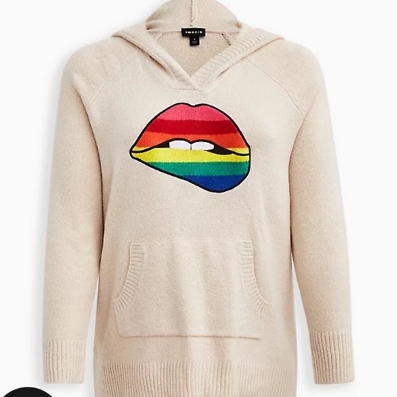 torrid hooded sweater rainbow lips pullover large nwt jumper cream new - Picture 10 of 11